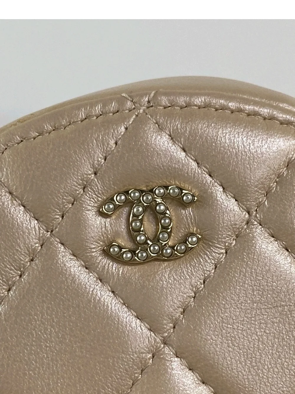 CHANEL Beige Iridescent Calfskin Quilted Round Pearl Chain Crossbody Bag